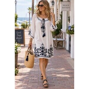White Boho Peasant Tunic Dress Navy Embroidered M Cotton Blend Chic Connection